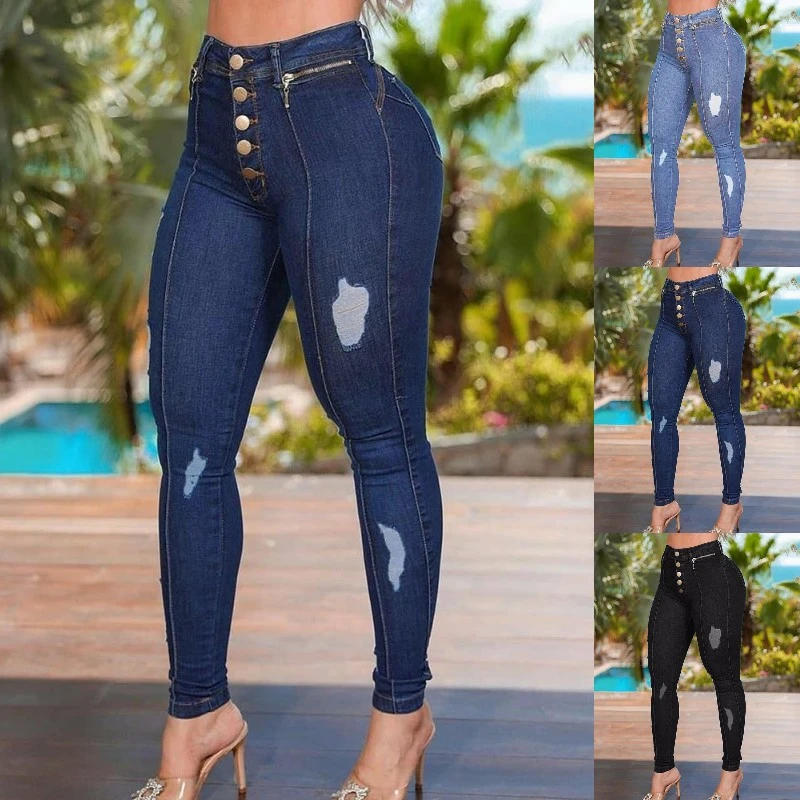 Women Fashion High Waist Jeans Casual Slim Fit Pencil Jeans Classic Style Lady Ripped Jeans Long Denim Pants Stretchy Blue Jeans