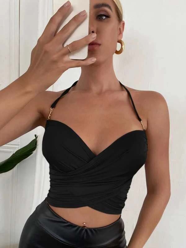 7 Colors Women's Fashion Halter Crossover Tie Back Crop Tops Summer Push Up Bralette Tops Backless Tops