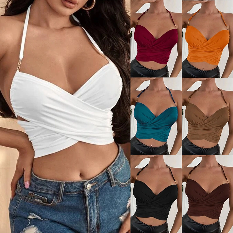 7 Colors Women's Fashion Halter Crossover Tie Back Crop Tops Summer Push Up Bralette Tops Backless Tops
