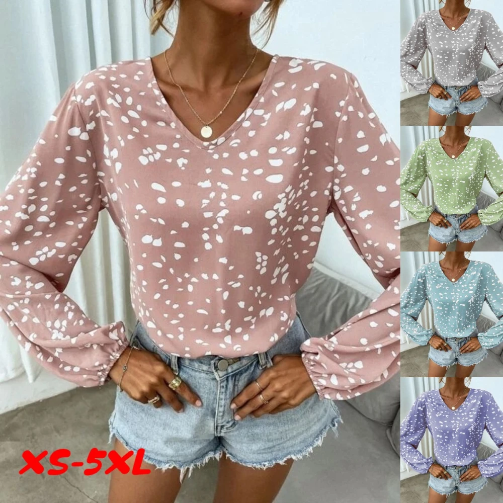 NEW Women Fashion Color Block Printed V-Neck Long Sleeves T-shirts Plus Size