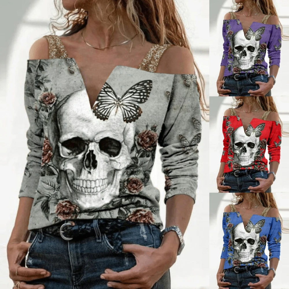 Women's Fashion Long Sleeve Skull Rose Butterfly Print Shirt Tops Casual Plus Size V-neck Cotton Blouses S-5XL