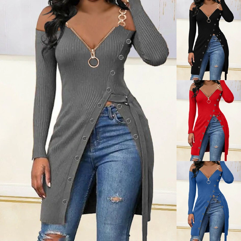 Autumn Women's Fashion Casual Cold Shoulder Chain Strap V Neck High Slit Zip Knit Dress Pullovers Plus Size XS-5XL