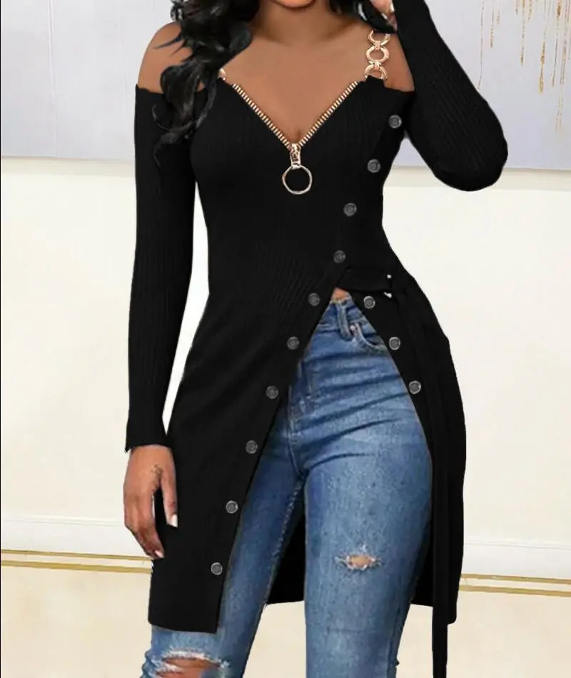 Autumn Women's Fashion Casual Cold Shoulder Chain Strap V Neck High Slit Zip Knit Dress Pullovers Plus Size XS-5XL