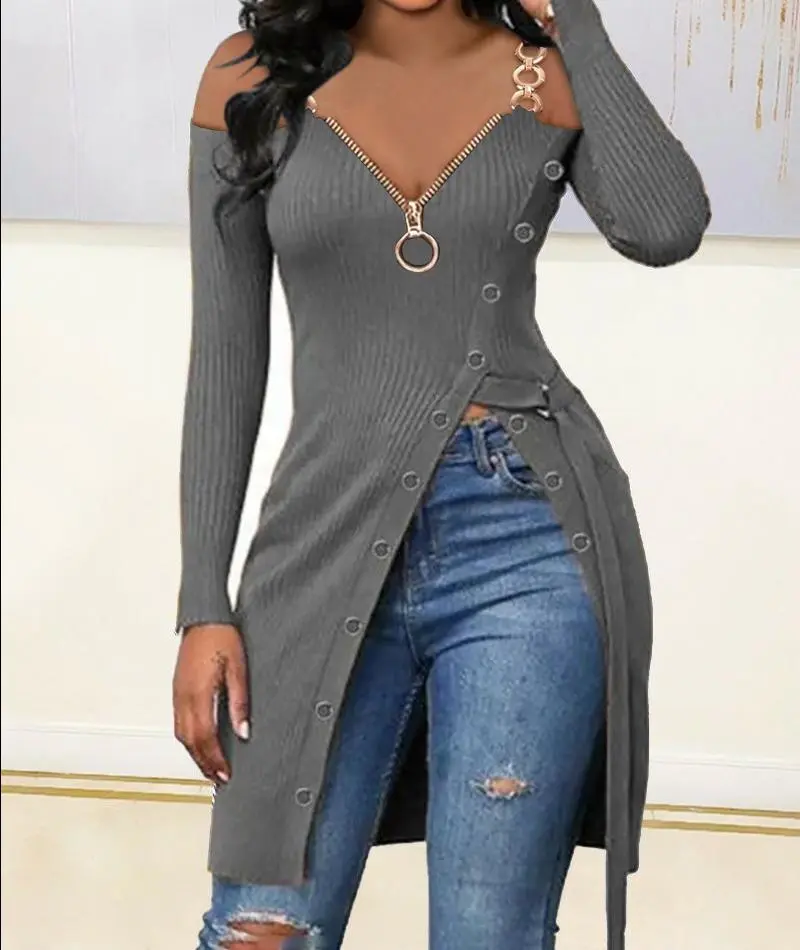 Autumn Women's Fashion Casual Cold Shoulder Chain Strap V Neck High Slit Zip Knit Dress Pullovers Plus Size XS-5XL