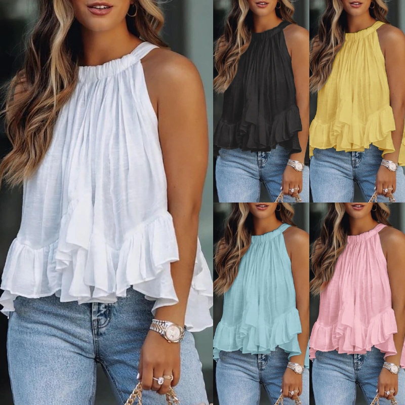 New Fashion Women Solid Color Blouse Loose Vest Halter Ruched Ruffles Sleeveless Casual Top Plus Size