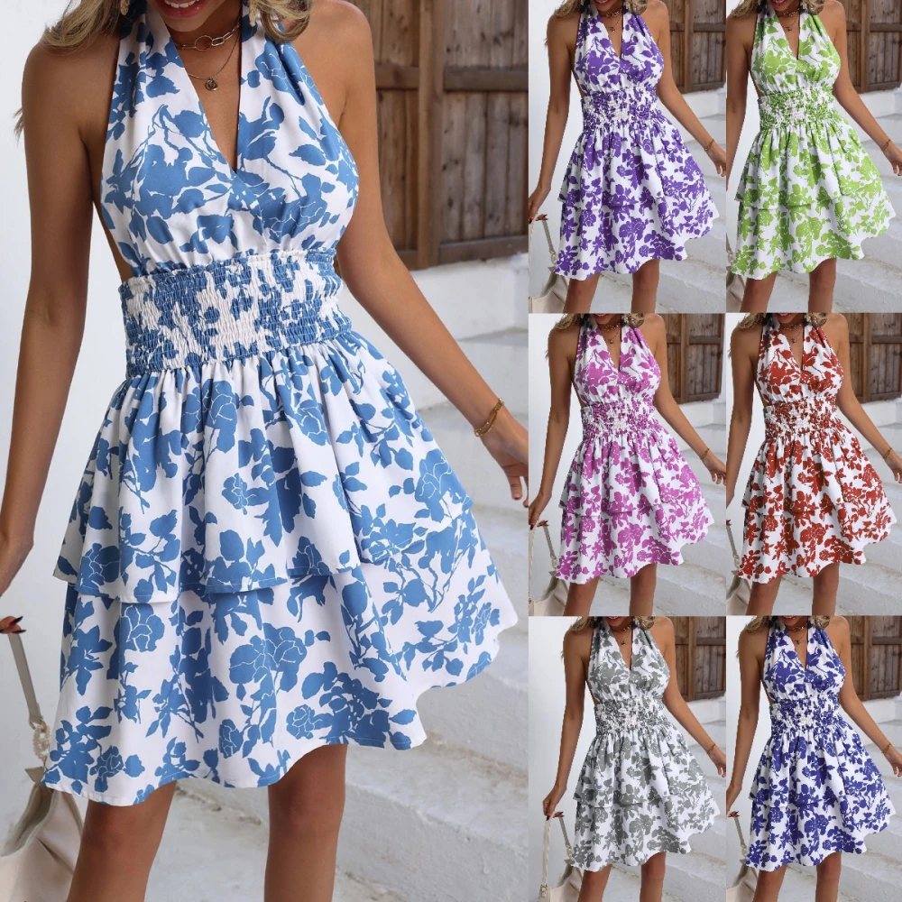 Women's Fashion Dress Casual Summer Sleeveless Print V-Neck Dress Mini Dress Casual Halter Dress Plus Sizes