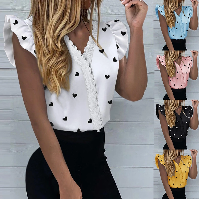 2021 Summer NEW Women's Fashion Heart Print Ruffle Blouse Women V-neck Butterfly Sleeve Tops Lace Patchwork Ladies Shirt Sweet Short Sleeve Top Plus Size S-5XL