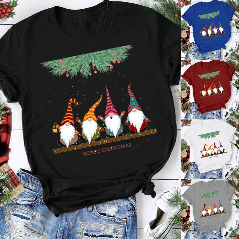 New Year Xmas Women Fashion O Neck Short Sleeve Merry Christmas Cute Santa Claus Print Top Casual Funny Family Festival Tees T-shirt Christmas Pullover Plus Size