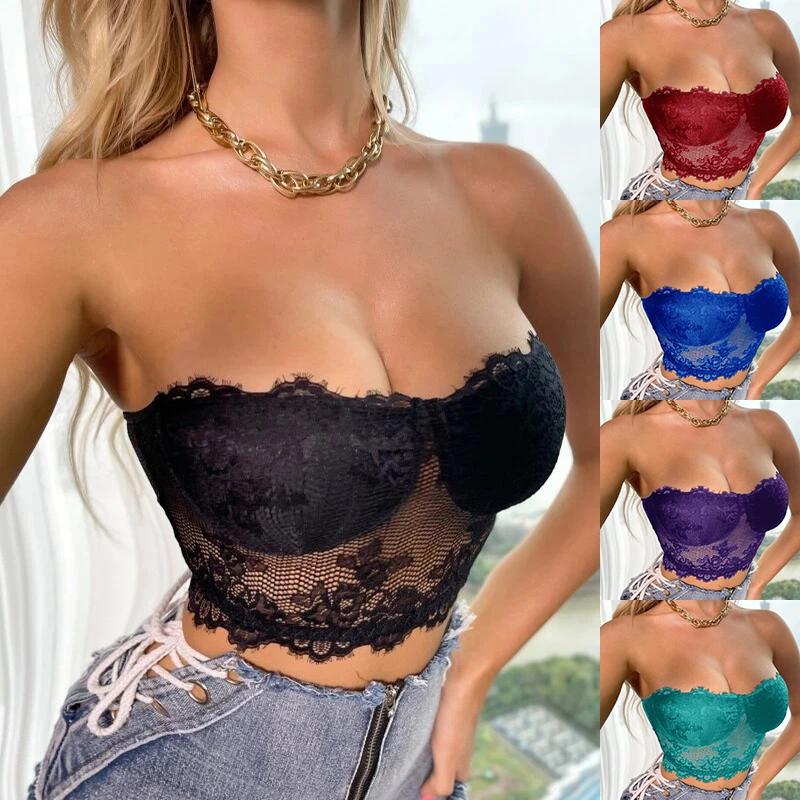 New Women Sexy Strapless Floral Lace Bra Ladies Summer Bralette Crop Top Plus Size