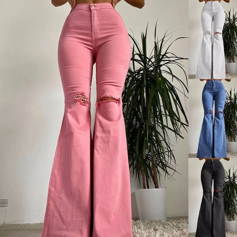 New Women Fashion Slim Fit Solid Color Bell-bottoms Jeans Classic Style Ripped Jeans Lady High Waist Long Denim Pants Street Retro Style Stretchy Jeans