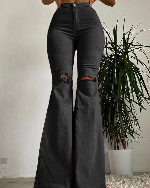 New Women Fashion Slim Fit Solid Color Bell-bottoms Jeans Classic Style Ripped Jeans Lady High Waist Long Denim Pants Street Retro Style Stretchy Jeans
