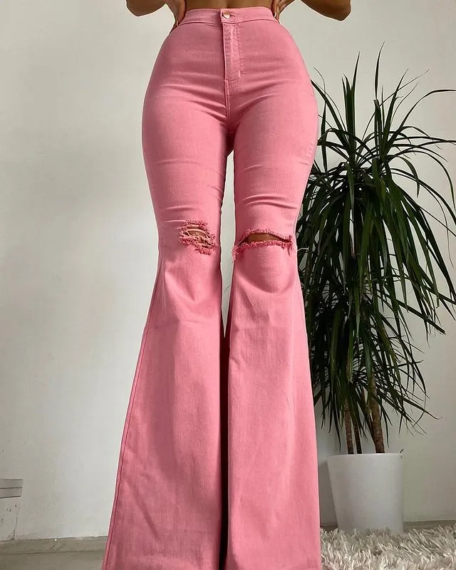 New Women Fashion Slim Fit Solid Color Bell-bottoms Jeans Classic Style Ripped Jeans Lady High Waist Long Denim Pants Street Retro Style Stretchy Jeans