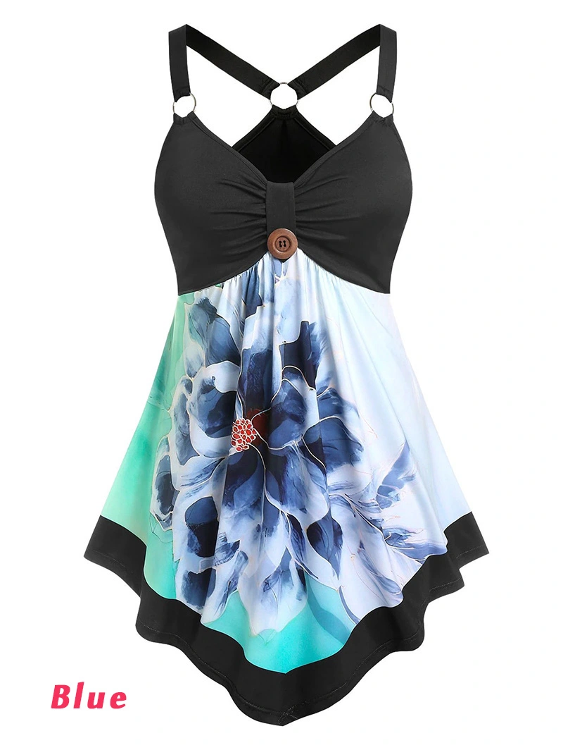 Plus Size Summer Casual Women Fashion V Neck Loose Pleated Floral Print O Ring Stitching Irregular Tank Top