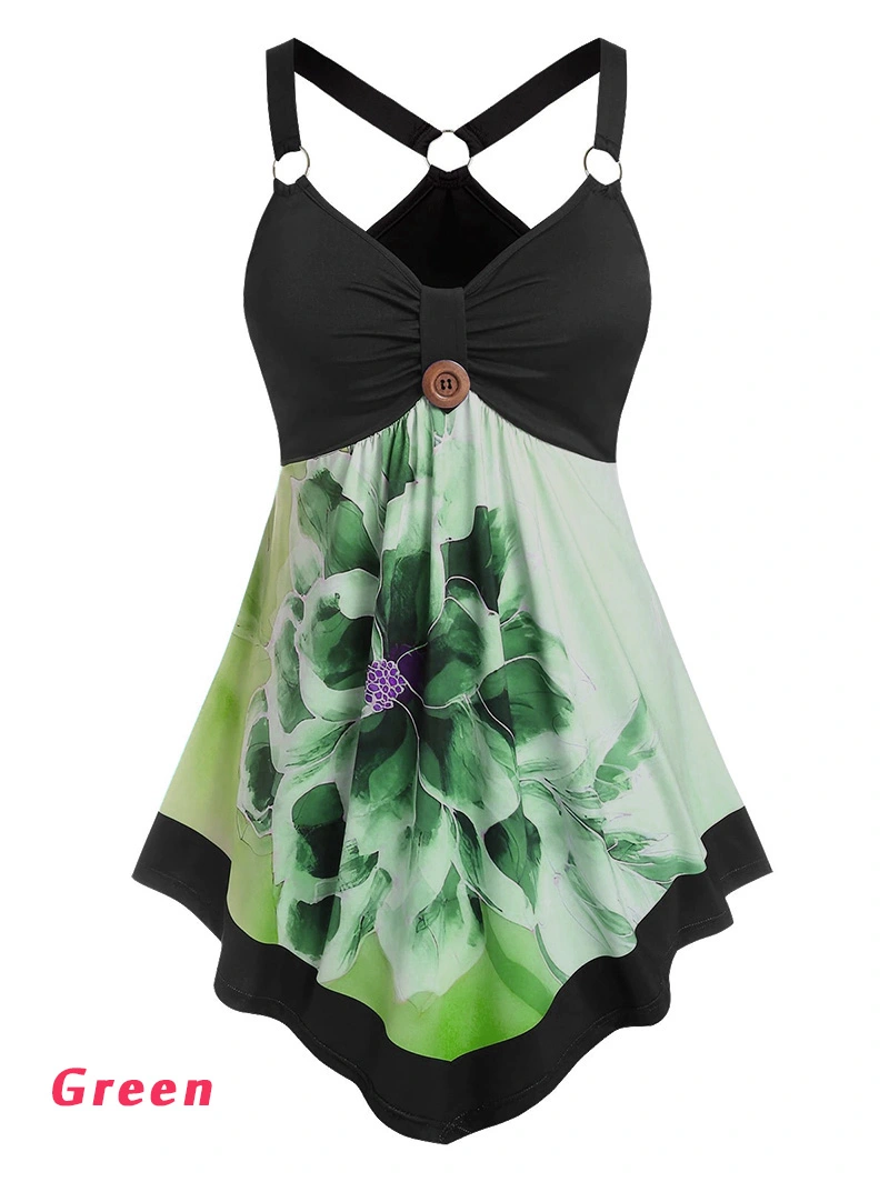 Plus Size Summer Casual Women Fashion V Neck Loose Pleated Floral Print O Ring Stitching Irregular Tank Top