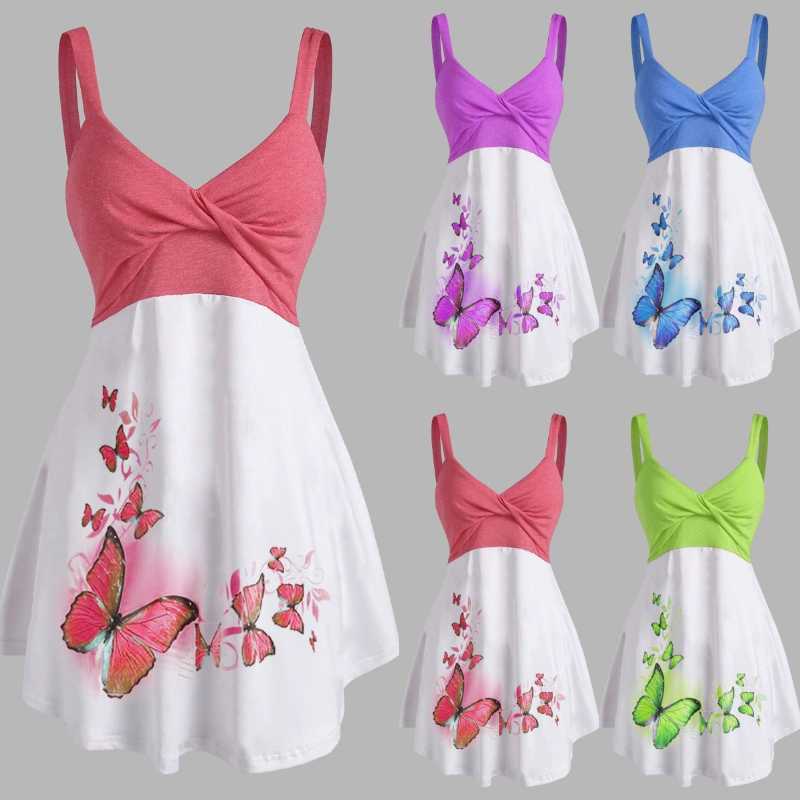 New Arrival Women Fashion Plus Size Butterfly Print O Ring Tank Top Casual Sexy Sleeveless Tops Crossover Defined Waist Women Tee