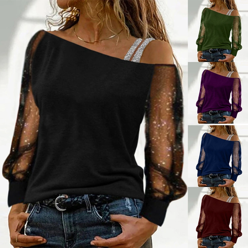 Women Fashion Autumn Long Sleeve Shirt Deep V Neck Solid Color Pullover Tops Casual Lace Sleeve Cotton Tops Shirt Loose Blouse Plus Size