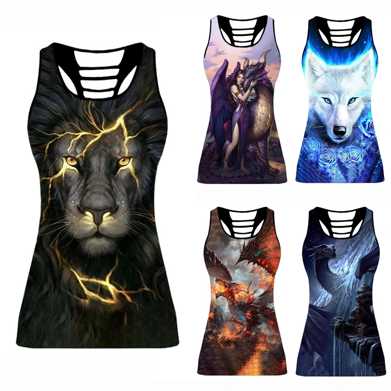 2021 3d Print Spring Summer Women Fashion Animal Wolf Dragon Lion Print Sleeveless Shirt Summer Hollow Out Vest Shirt Casual Tank Tops Plus Size