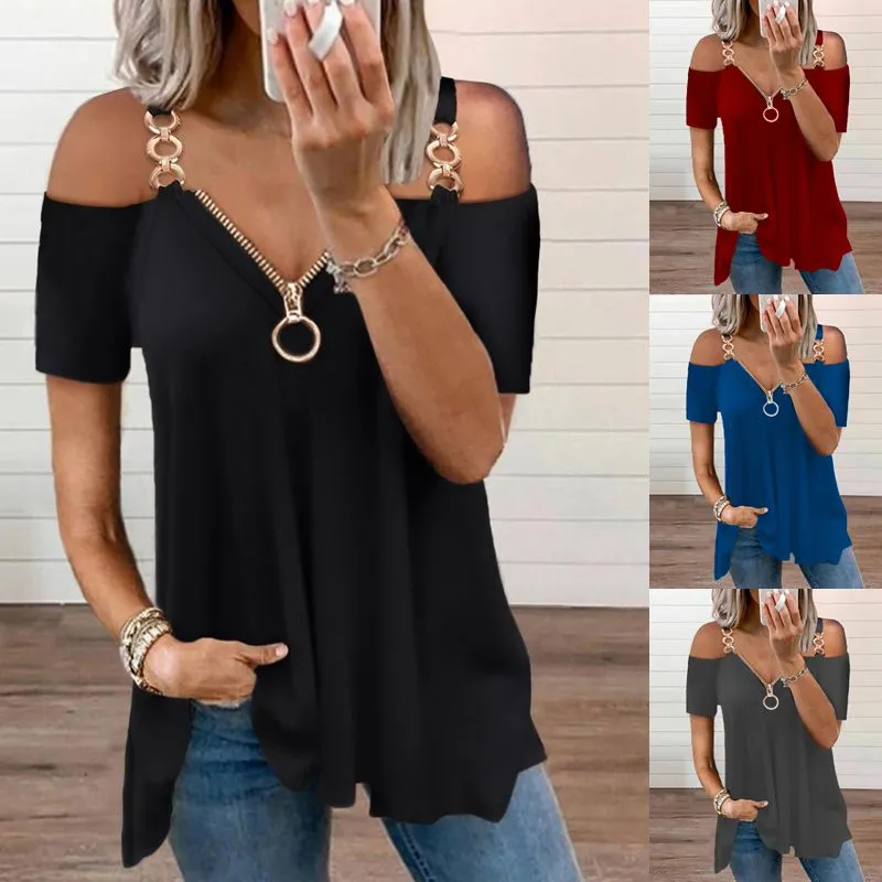 Women Fashion Chain Cold Shoulder Plain Black Short Sleeve Blouse Solid Color V-neck Tops T-shirt