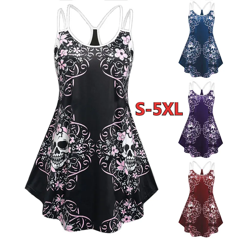 Summer Women's Fashion Skull Print Spaghetti Straps Top Sleeveless Tank Tops Strap Gothic Vest Casual Shirts