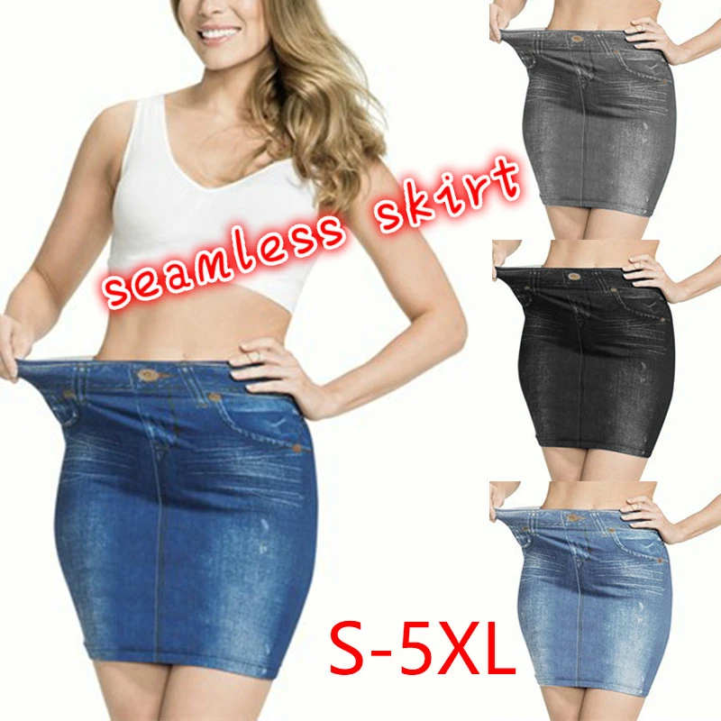 Women Fashion Print Seamless Skirt Faux Denim Jean Skirts Short Slim High Waist Elastic Mini Dress Plus Size S-5XL