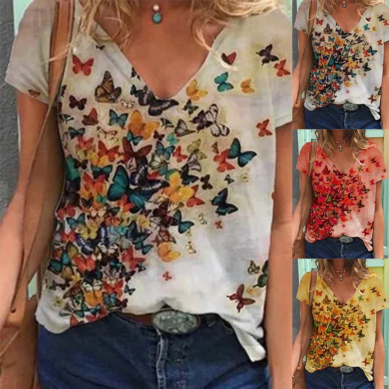 New Women Fashion Short Sleeve Multicolor Butterfly Print V-neck Casual Shirts & Tops T-shirts