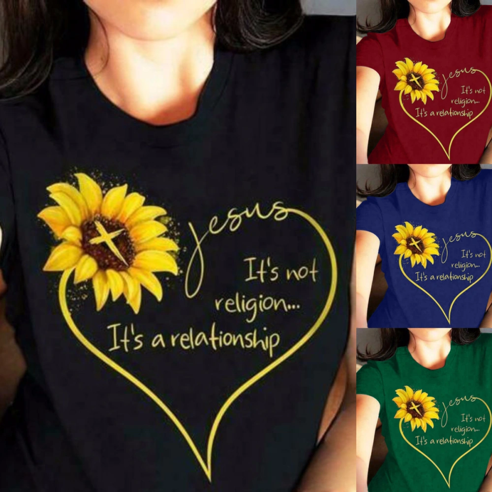 Women New Summer Fashion Jesus It'S Not Religion It'S A Relationship Letter Printed Sunflower T-Shirts Jesus Shirt Tops Graphic Tee Christian T Shirt