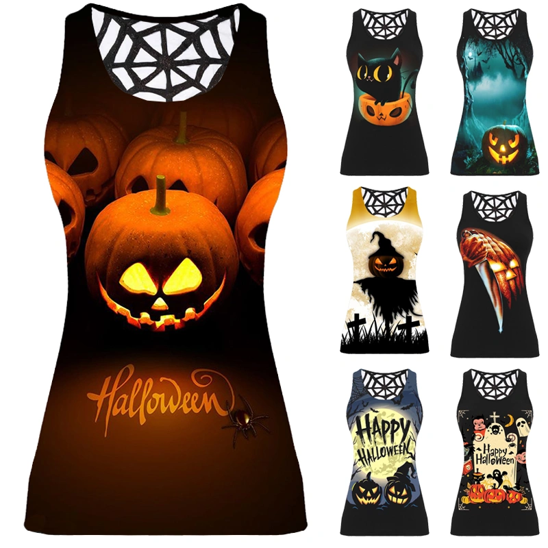 2020 New Fashion Halloween Vest Pumpkin Tee Tops Casual Sleeveless Cut-out Shirts Slim Sport Yoga Tank Tops Plus Size S-5XL