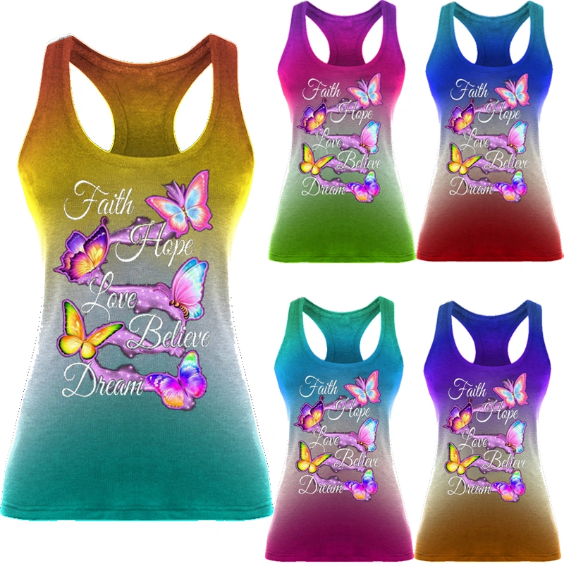 New Women Fashion Summer Casual Sleeveless Gradient Color Butterfly Print Hope Faith Love Blessed Letter Print Faith Tank Top