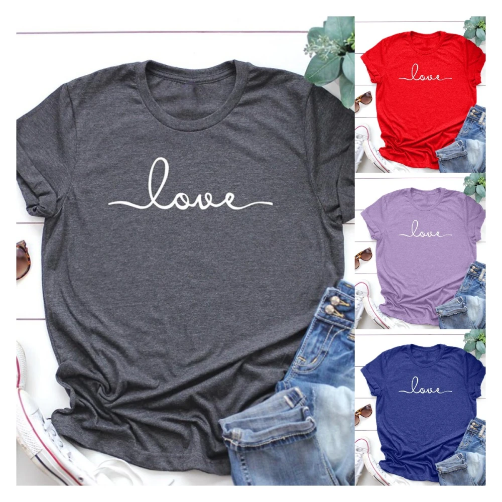 New Arrival Women Fashion Short Sleeve Love Letter Print Casual T-shirts Plus Size Women O-neck Summer Cotton Graphic Tees