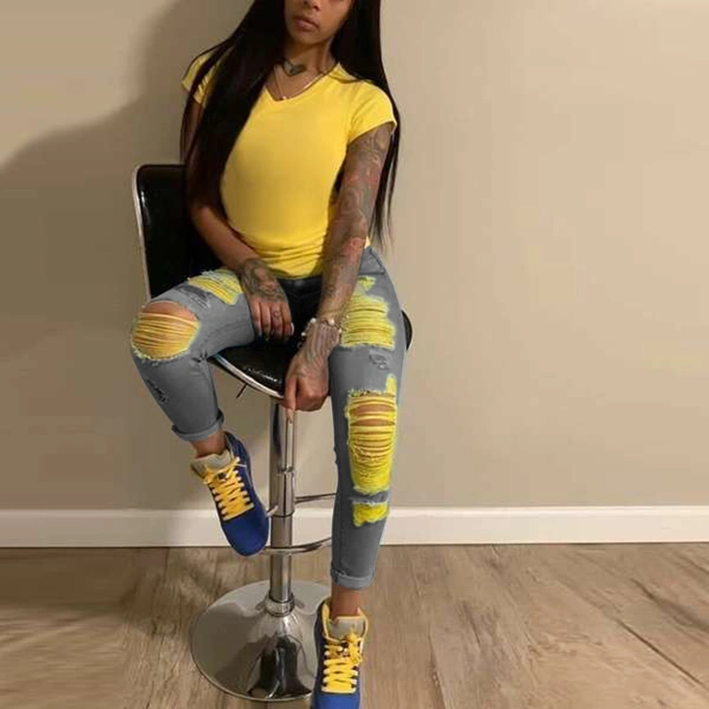 2020 New High Quality 3 Color Women's Fashion Ripped Skinny Jeans Washed Denim Long Pants High Waist Casual Trousers Plus Size Pencil Pants Jeans