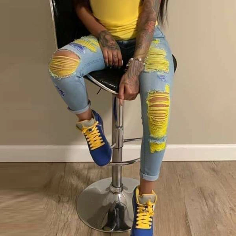2020 New High Quality 3 Color Women's Fashion Ripped Skinny Jeans Washed Denim Long Pants High Waist Casual Trousers Plus Size Pencil Pants Jeans