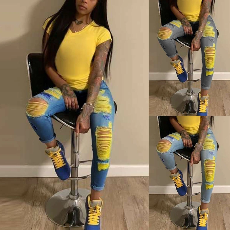2020 New High Quality 3 Color Women's Fashion Ripped Skinny Jeans Washed Denim Long Pants High Waist Casual Trousers Plus Size Pencil Pants Jeans