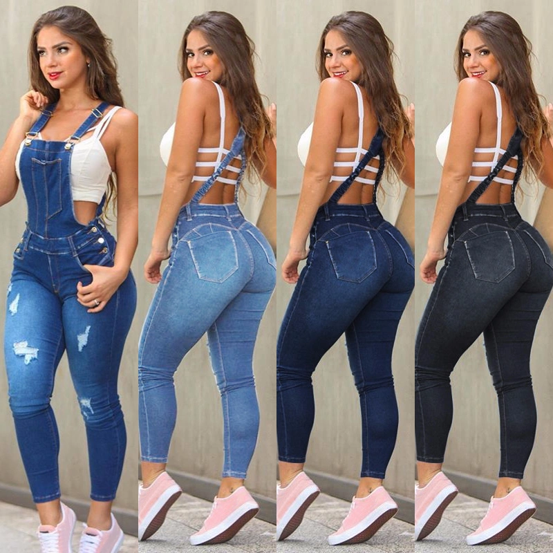 New Fashion Jeans for Women Washed Denim Overalls Skinny Ripped Hole Jumpsuit Rompers Jeans with Straps