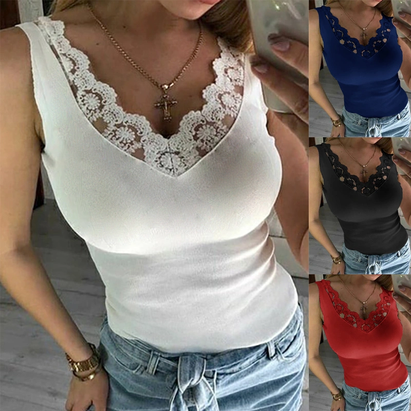 2022 New Women Fashion Sleeveless Lace Vest Summer Casual Slim Tank Tops Solid Color Tops Shirts Plus Size S-5XL