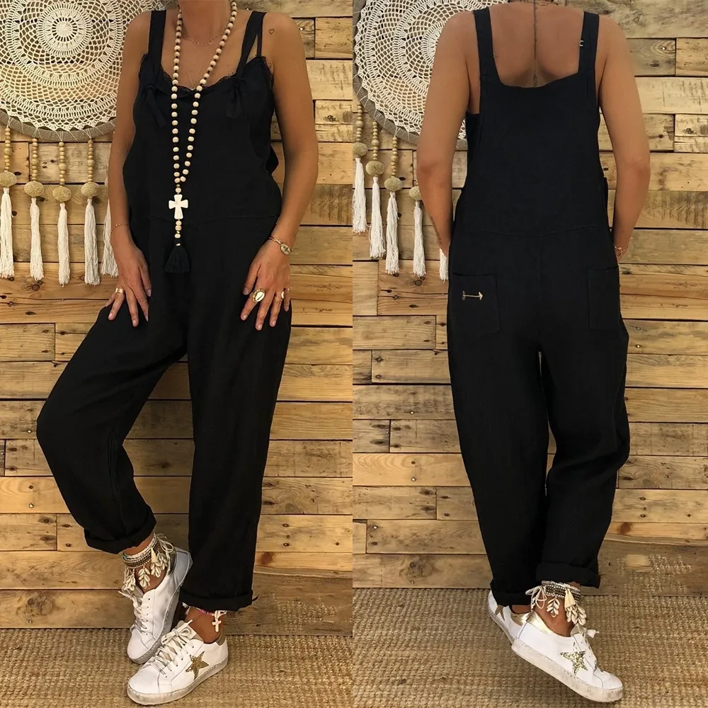 S-5XL Plus Size Summer Women's Fashion Jumpsuit Casual Loose Solid Tank Jumpsuit Long Suspender Overalls Bib Pants Rompers Wide Leg Pants