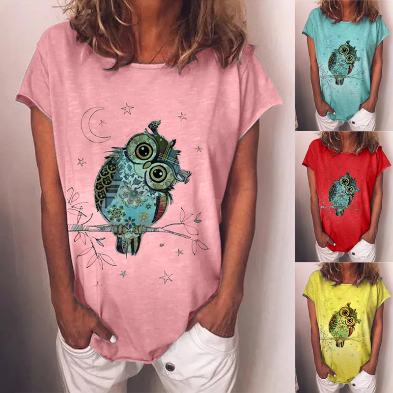 Women Vintage Casual Plus Size Owl Printed Short Sleeve Tee Shirts Tops