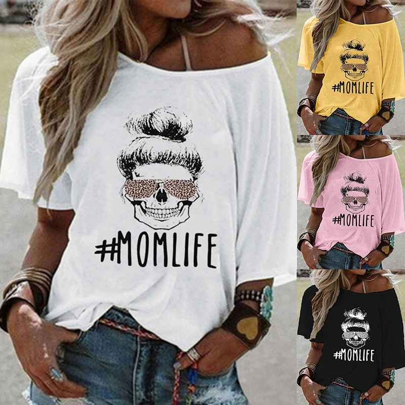 2021 Women's fashion Short Sleeve Shirt Skull Letter Print Off Shoulder Mom Life Shirt Lady Loose Casual Tops Shirts Vintage Classic Blouse Plus Size S-5XL