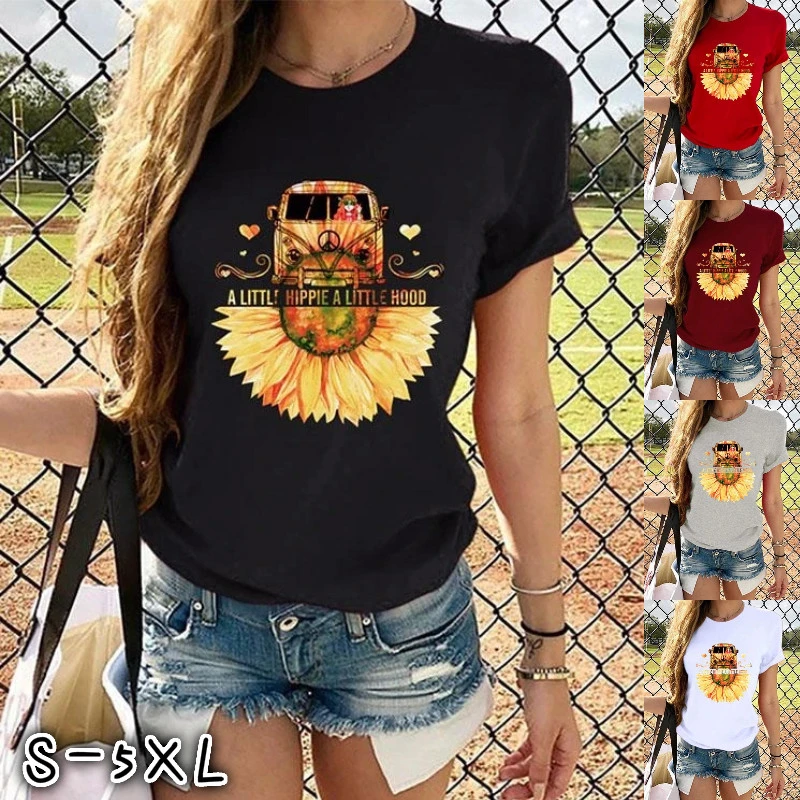 A Little Hippie A Little Hood T-Shirt Women Hipster Crew Neck Casual Short Slevee Popular Shirt Ladies Sunflower Printed T Shirt Clothes S-5XL