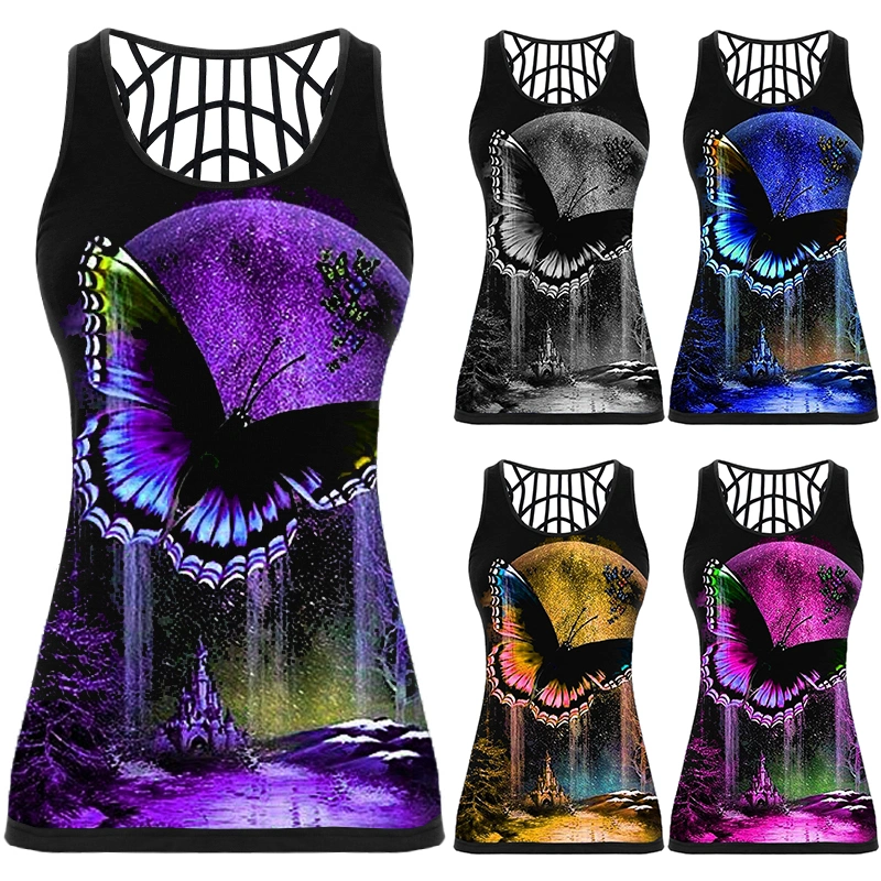 Women Butterfly 3D Print Sleeveless Shirt 2020 New Summer Back Hollow Out Vest Plus Size Tank Tops