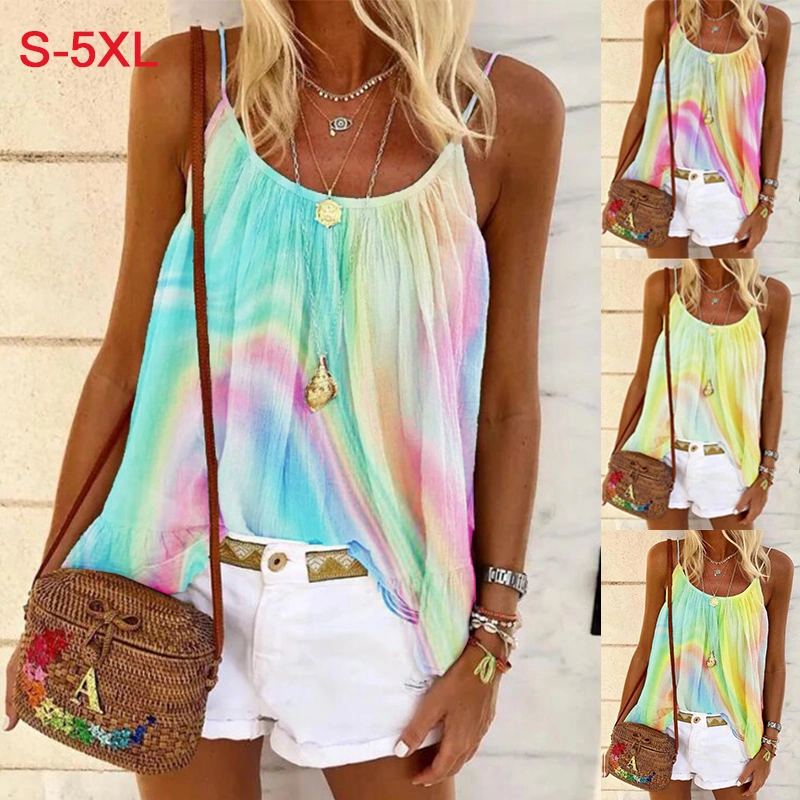 New Fashion Women Sleeveless Top Summer Rainbow Print Ruffle Loose Camisoles Blouse Plus Size S-5XL