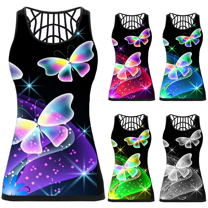 Women Butterfly 3D Print Sleeveless Shirt 2020 New Summer Back Hollow Out Vest Plus Size Tank Tops