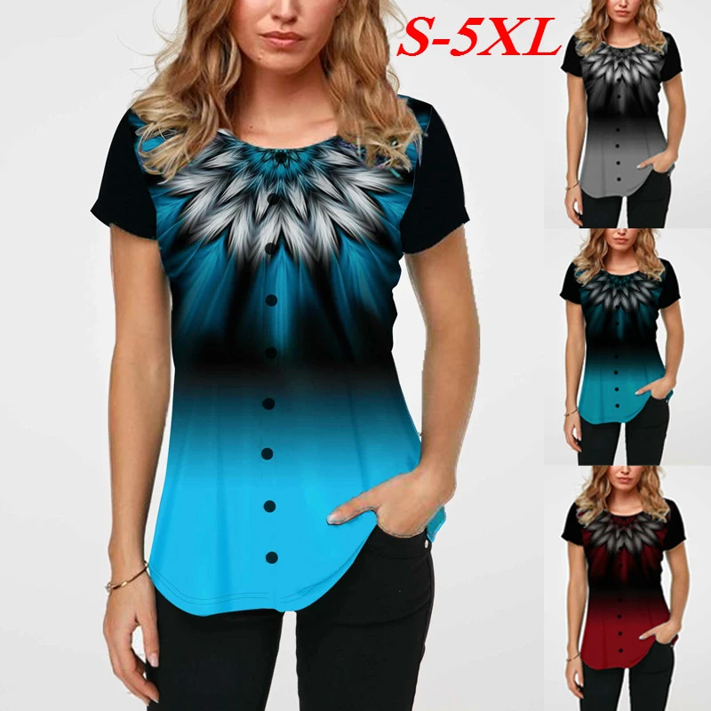 Women's Fashion Summer Round Neck Gradient Print Short Sleeve Blouse Tops T-shirts Plus Size