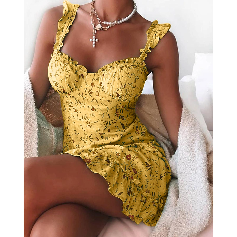2021 Floral Print Spaghetti Strap Casual Dress Midi Dress Plus Size S-3XL
