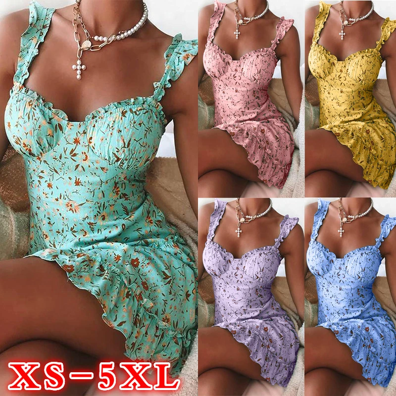 2021 Floral Print Spaghetti Strap Casual Dress Midi Dress Plus Size S-3XL