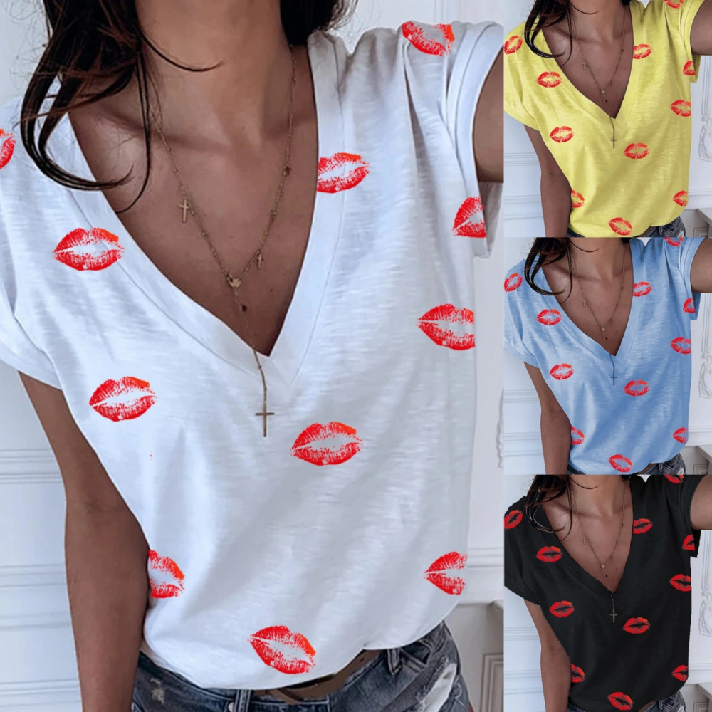 New Trend Fashion V-neck Lips T-shirt Loose Short-sleeved Tops Women Cute Funny T-shirt Plus Size