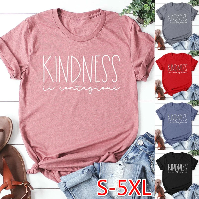 5 Colors Plus Size Women Fashion Kindness Is Contagious Printed Christian T-Shirts Summer Short Sleeve Graphic T Shirt Cotton O-neck Tee Shirt Tops Christian Gifts