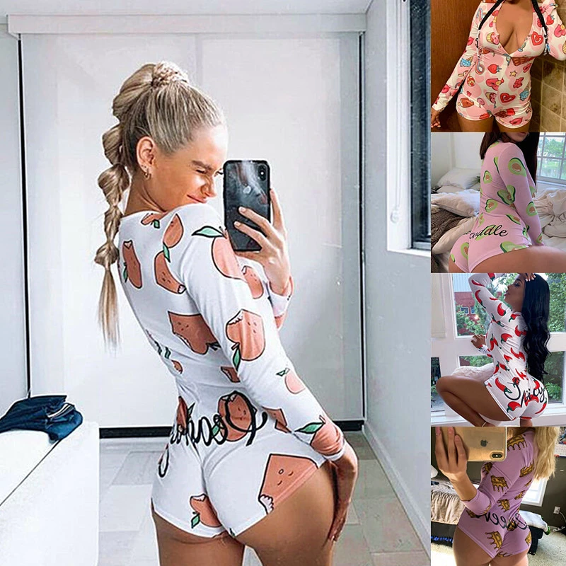 6 Styles Women Fashion Bodysuit Long Sleeve Deep V Neck Bodycon Stretch Sexy Short Romper Button Pajamas Overalls for Women Cute Print Cotton Jumpsuit Plus Size