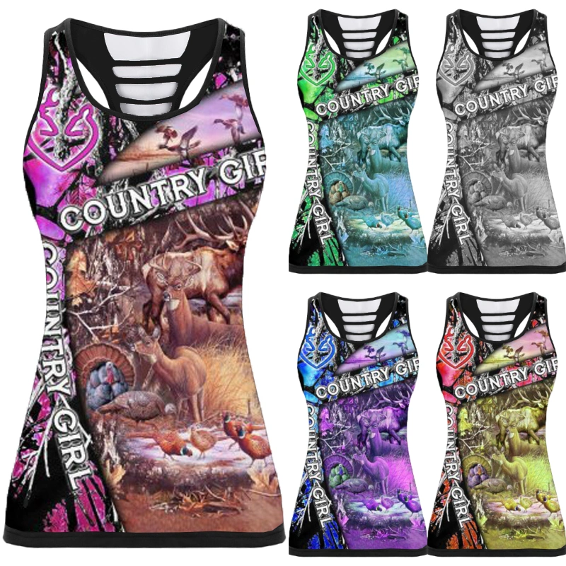 Hollow Out Tank Top 2020 Women's Summer Casual Country Girl Deer Hunting Printed Hole Shirt Sleeveless Racerback Tee Vest