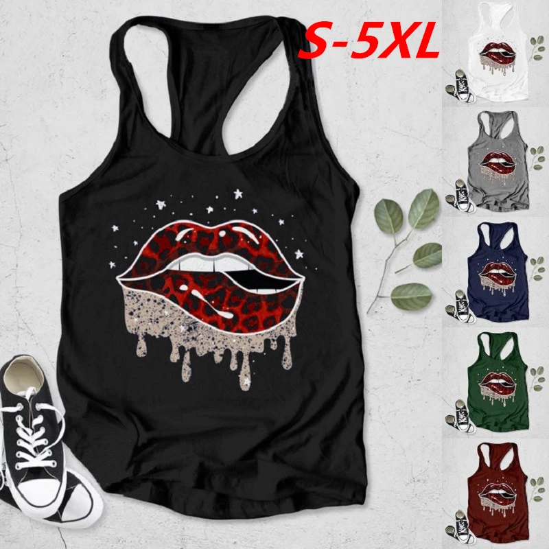 Women's Fashion Red Leopard Lips Print Tank tops Casual Sleeveless Graphic T-Shirts Summer Cotton Tee Shirt Tops Plus Size S-5XL