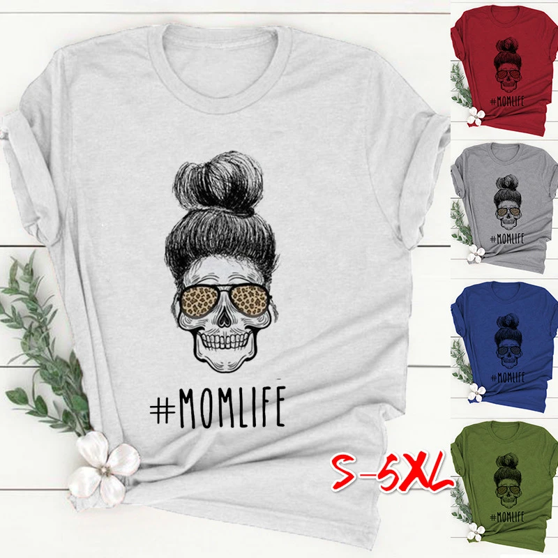 New Women Fashion O-neck Casual T-shirt MOM LIFE Print Mother Gift Shirt Summer Short Sleeve Mom Graphic Tees